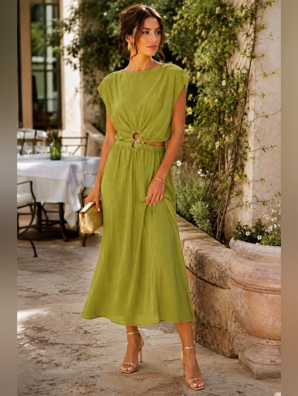 SM 10 MADE IN ITALY VISCOSE Olive Green Or Salmon  Knot-Front Midi Skirt Set